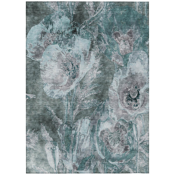 Teal and graphite floral area rug with distressed scroll motifs, washable indoor/outdoor