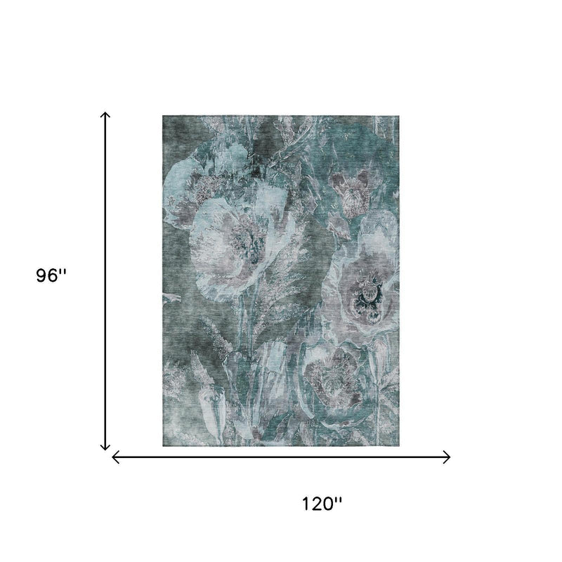 Teal and graphite floral area rug, 8 x 10 ft rectangular size