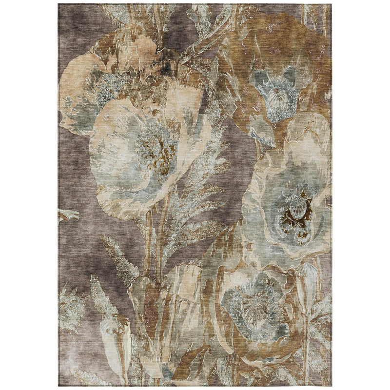 Rectangular brown and beige floral area rug with teal-gray botanical medallions