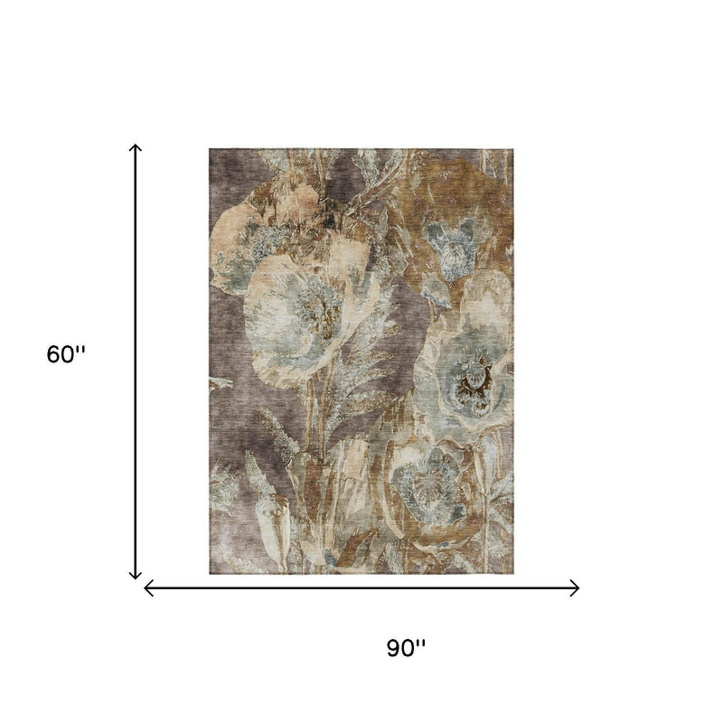 Brown and beige floral area rug, 5 ft by 8 ft size diagram