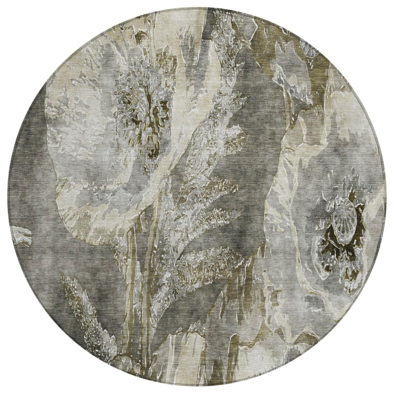Round rug with pewter and gray distressed floral motif and cream highlights, 8 ft