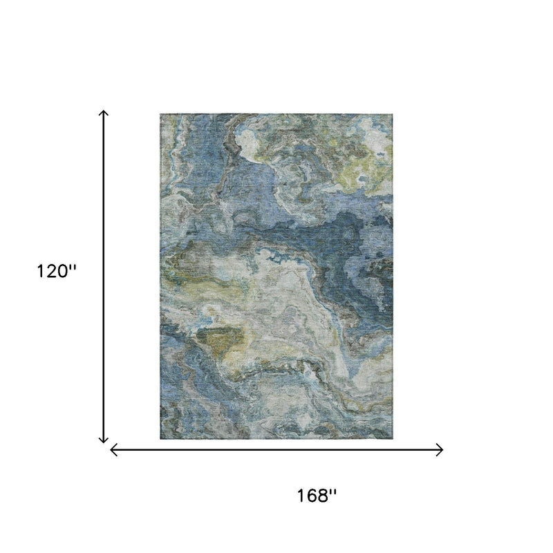 Blue abstract area rug layout with dimensions 168 in by 120 in