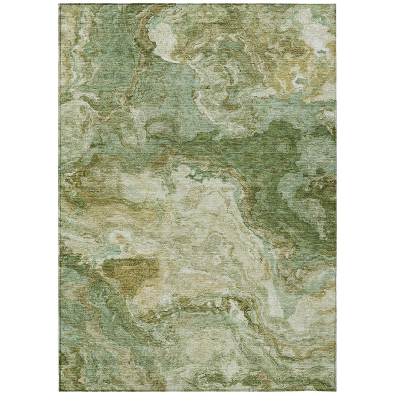 Green and tan abstract wash area rug with dense mottled pattern and short pile