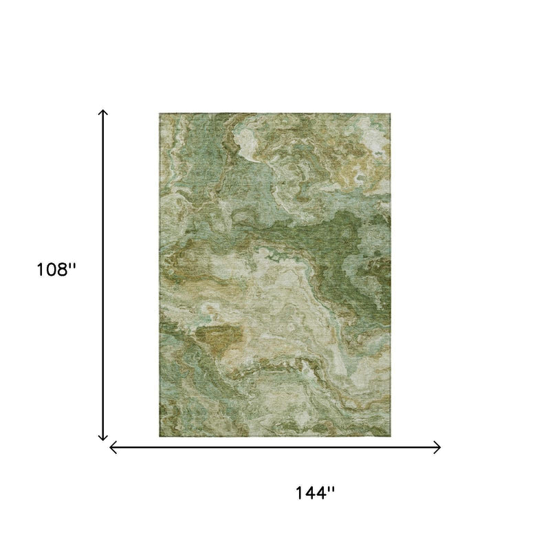 Green and tan abstract wash area rug, 9 x 12 ft shown with measurement lines