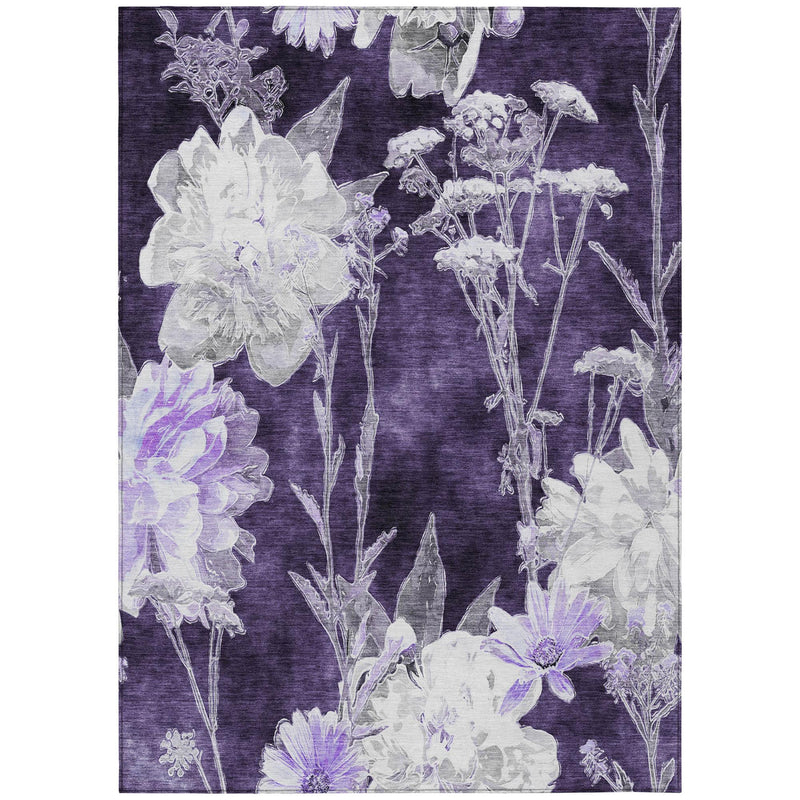 Purple floral area rug with large white blossoms and small lavender flowers on dark field