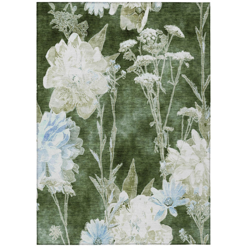 Green floral area rug with ivory and pale blue blossoms and botanical linework