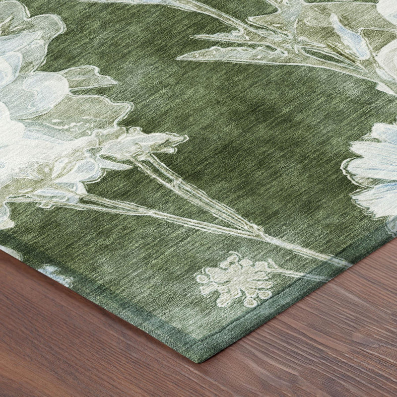 Green floral area rug corner with ivory blossoms and botanical line details