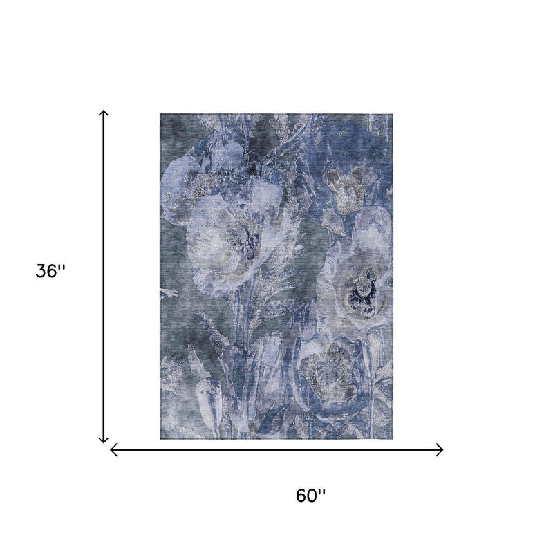 3 ft x 5 ft area rug dimensions, distressed blue floral pattern on rectangular rug