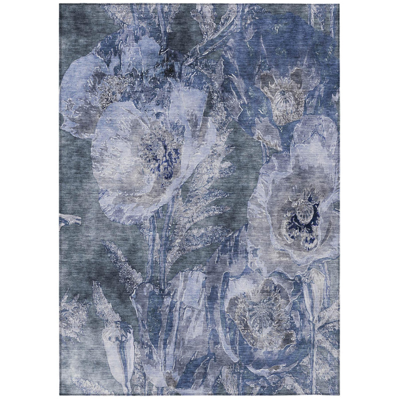 Blue floral distressed area rug with whitewashed motifs and vintage patterned look