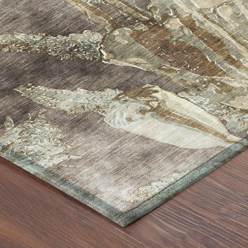 Corner of brown and beige distressed floral area rug with light blue accents and border