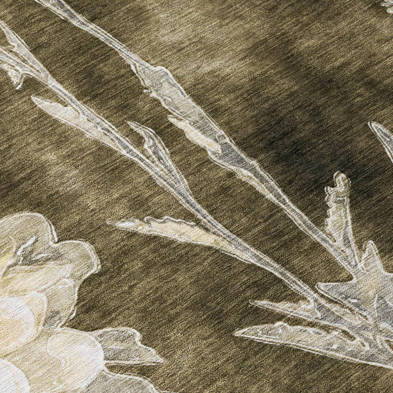 Close-up dark brown area rug with cream-and-white floral stems and leaves
