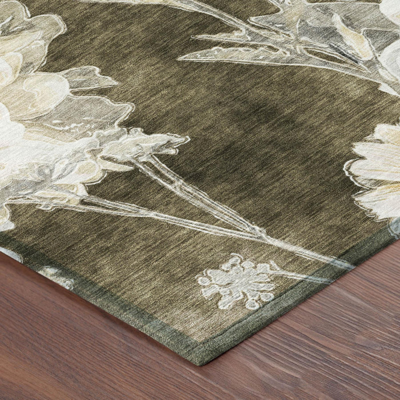 Dark brown area rug corner with ivory floral medallions and vine pattern