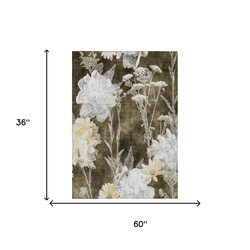 3 ft x 5 ft chocolate-brown floral area rug with cream and white blooms