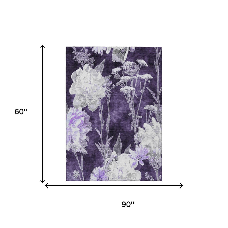 Purple floral area rug, 60 in x 90 in, white flower vine pattern