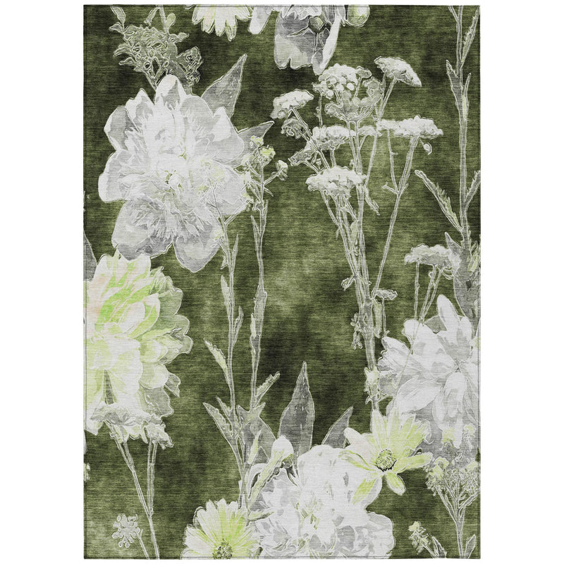 Green floral area rug with large white blossoms and light-green accents