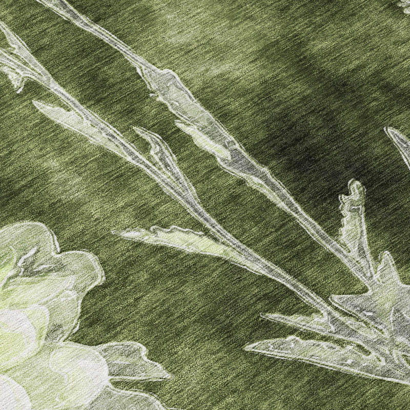 Green floral area rug close-up with white botanical stems and veined leaves