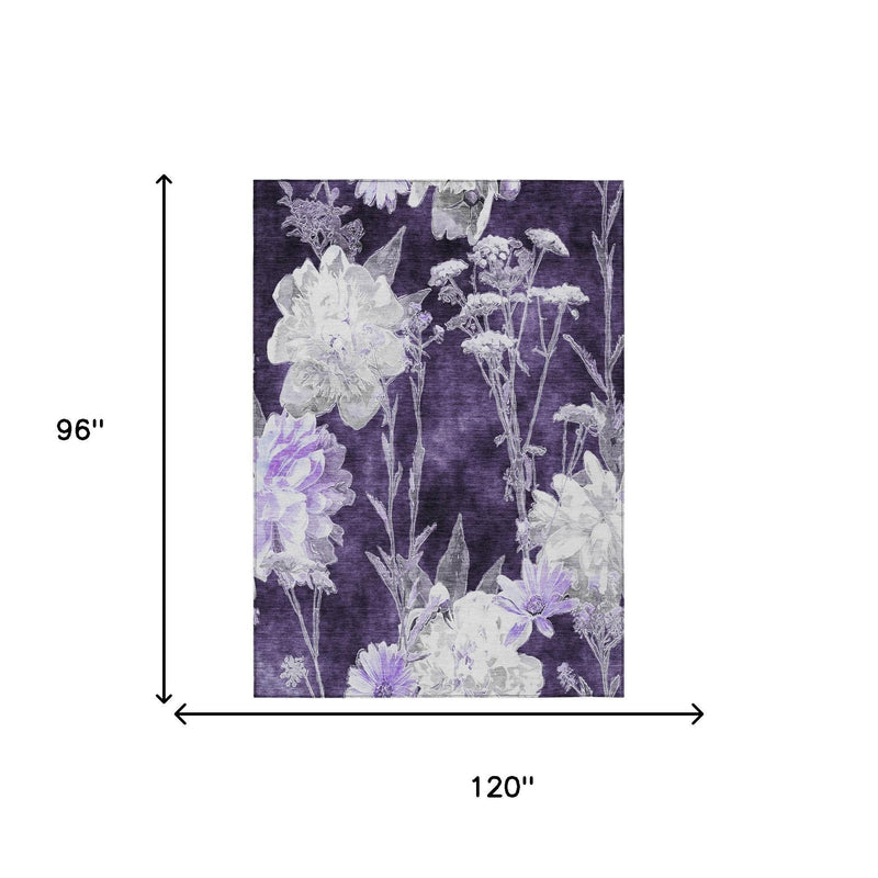 Purple floral area rug with dimensions 120 in by 96 in