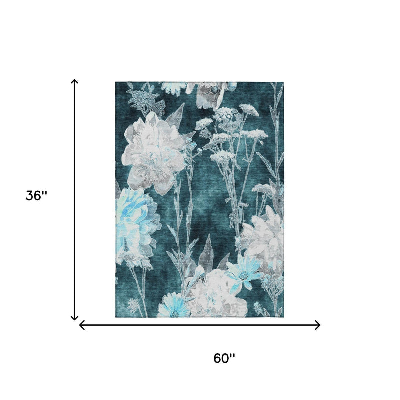 3x5 ft floral area rug, dark teal with pale blue and white flower design