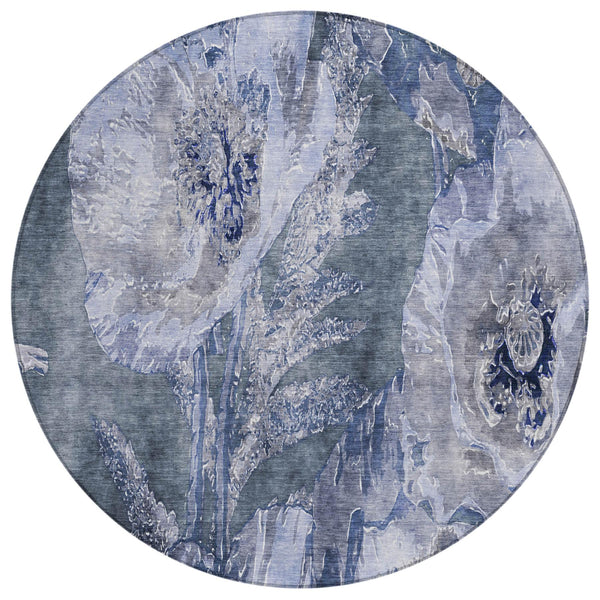 Round area rug with blue and lavender distressed floral pattern