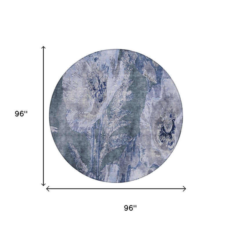 Round area rug with blue and lavender floral pattern, 96 in diameter