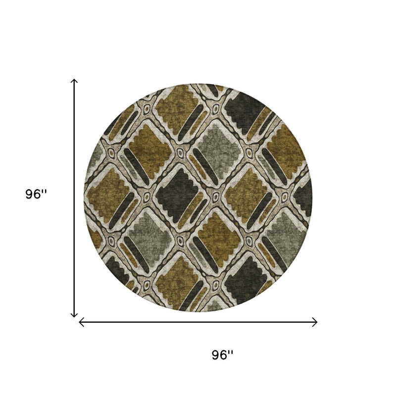 Round area rug size diagram showing 96-inch width, geometric pattern in dark and brown