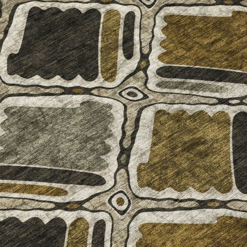 Textured close-up of round geometric area rug in dark gray, olive, and cream lines