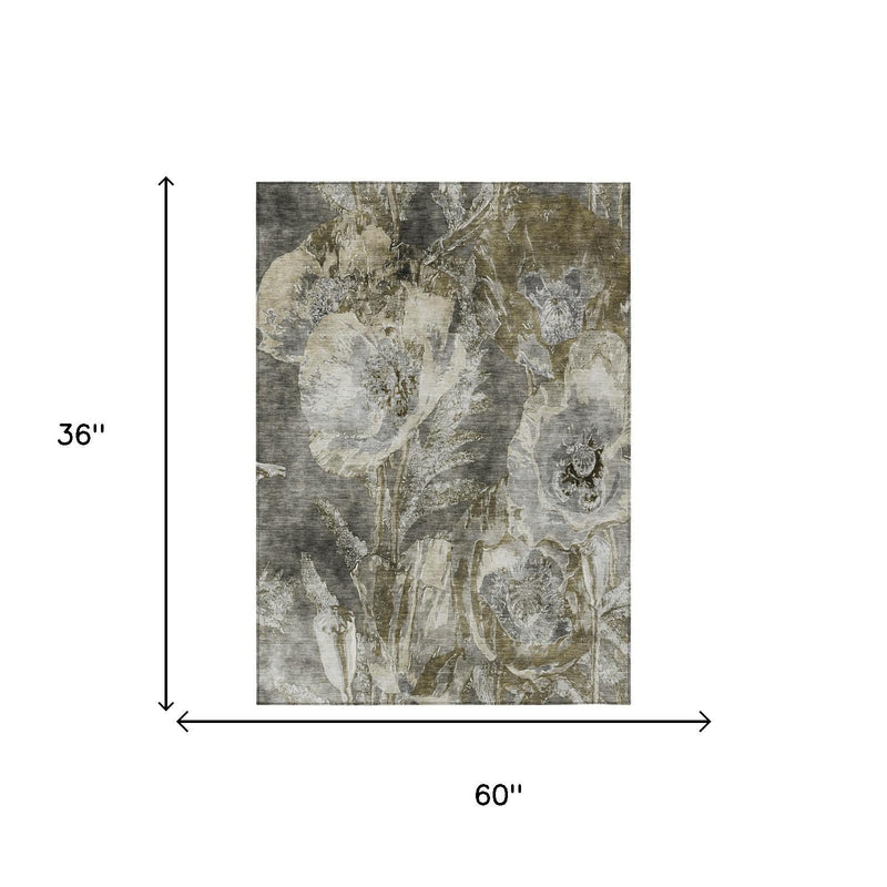 36 x 60 in floral area rug, pewter and gray distressed botanical pattern
