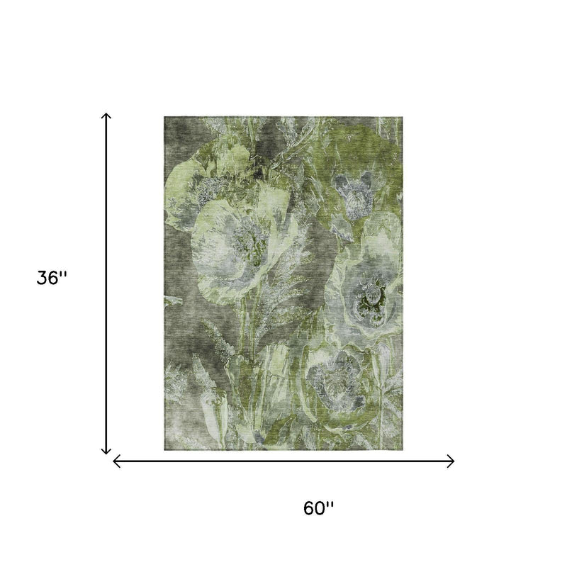 Green and silver floral area rug size 60 x 36 in diagram.