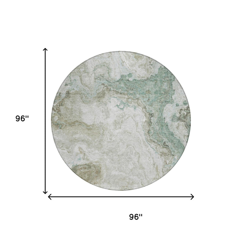 Round area rug, pale beige and muted teal abstract design; 96 in diameter
