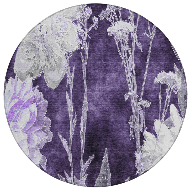Round purple rug with large light lavender floral and stem pattern, top view