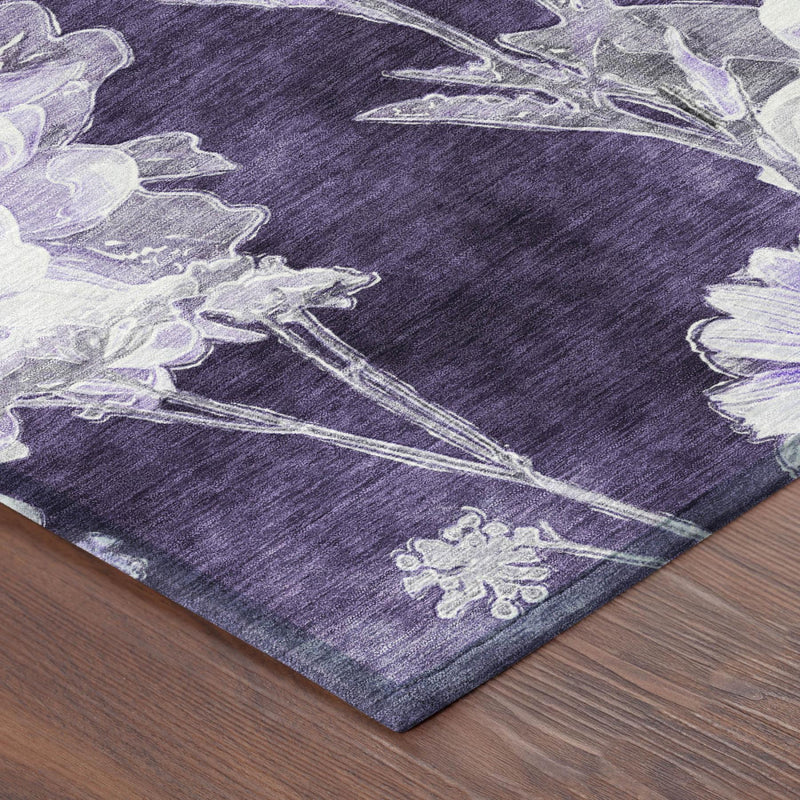 Dark purple rug with pale lavender botanical branches and floral outlines, corner view