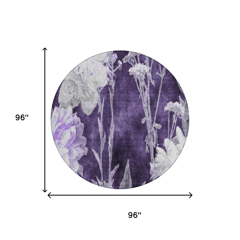 96 in round purple area rug with light lavender floral vine pattern (diagram view)