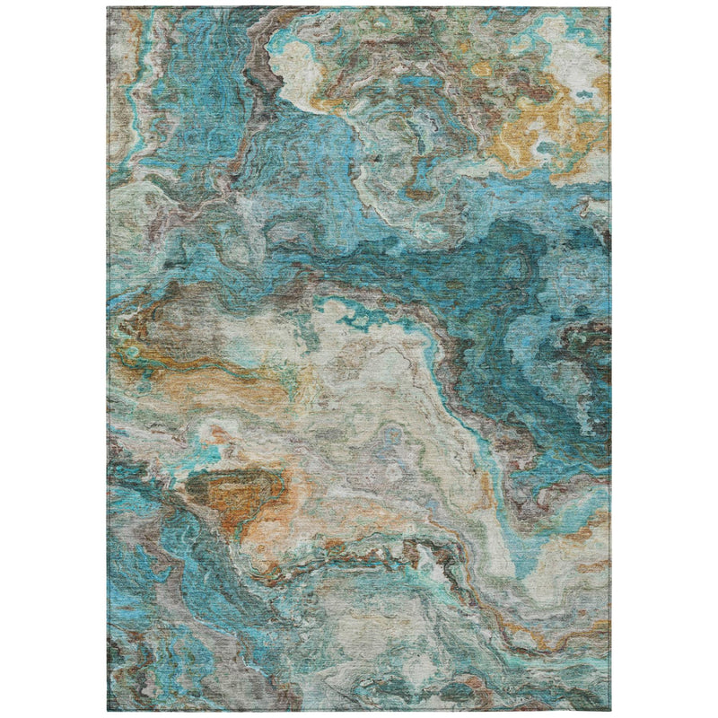 Rectangular abstract area rug with aqua teal and beige mottled distressed wash pattern.