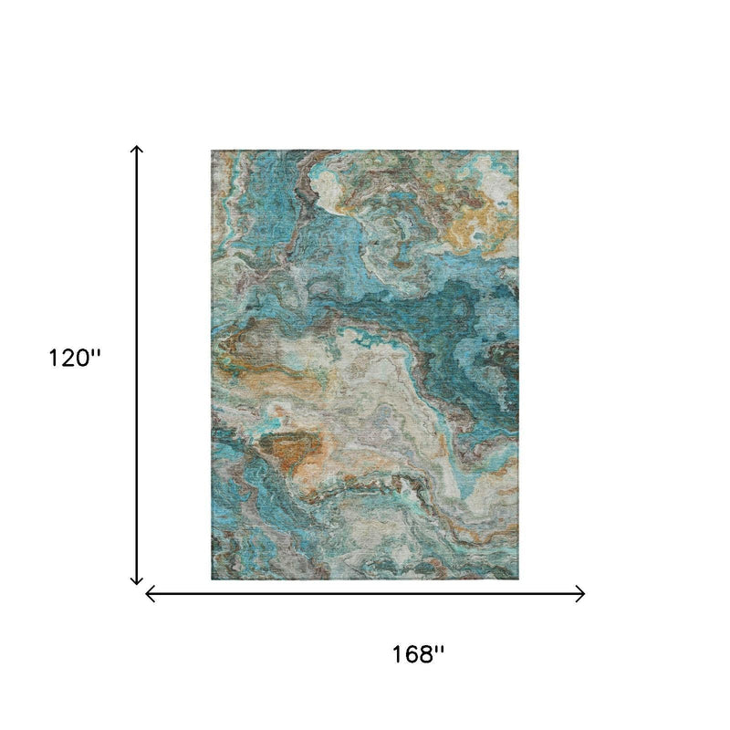168 in x 120 in abstract area rug in aqua and teal with tan distressed wash design.
