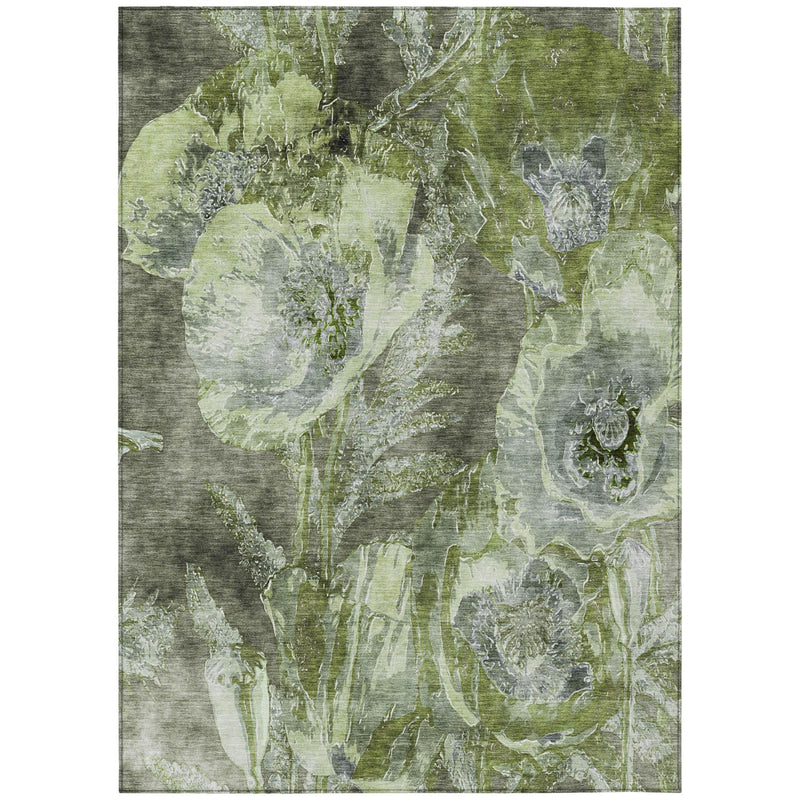Green and silver abstract floral area rug with distressed texture, rectangular.