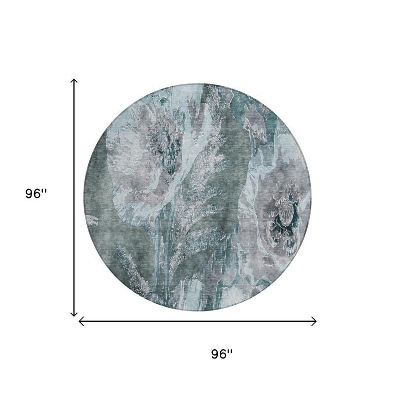 Round area rug size 96 in, abstract teal and graphite floral pattern
