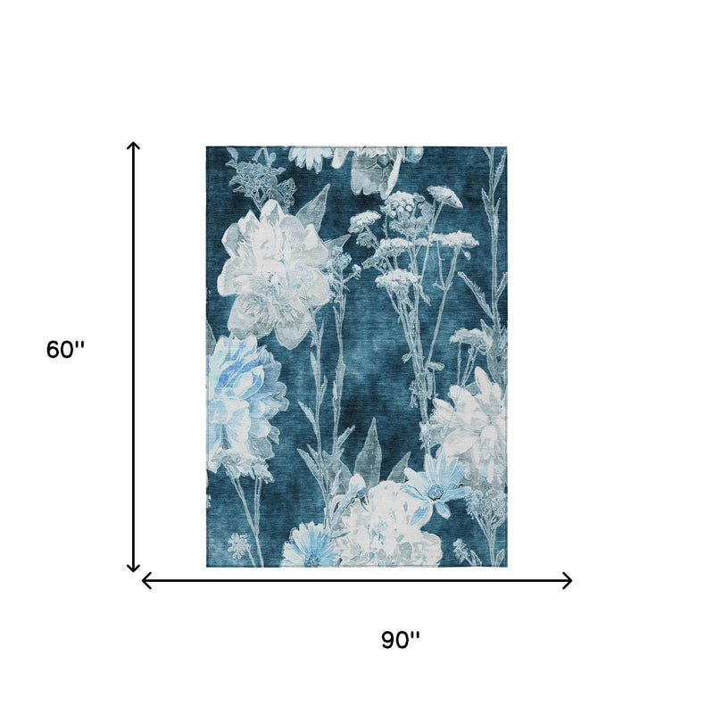 60 x 90 in teal and navy floral area rug, washable indoor outdoor