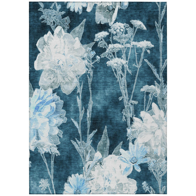 Teal and navy floral area rug with large white flowers and stems