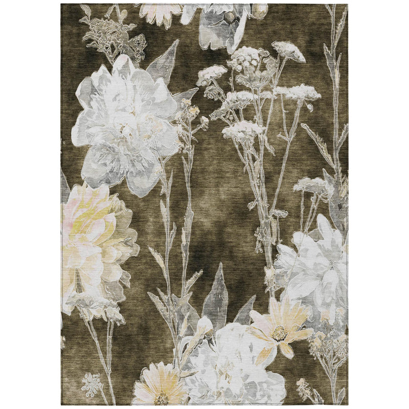 Full view floral indoor/outdoor rug with white botanical stems on dark brown