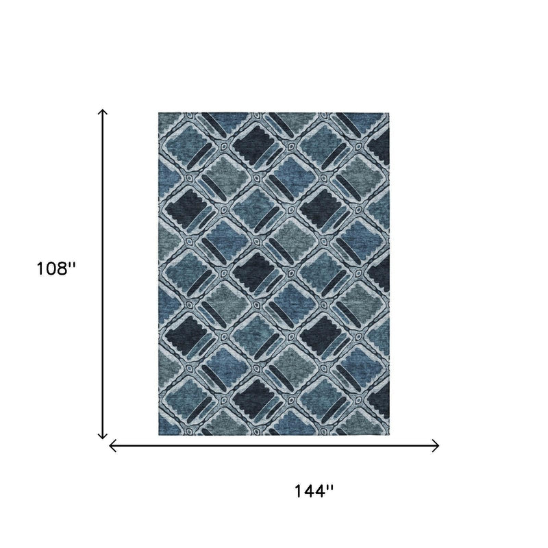 Geometric area rug in blue and graphite, 144 in by 108 in dimensions shown