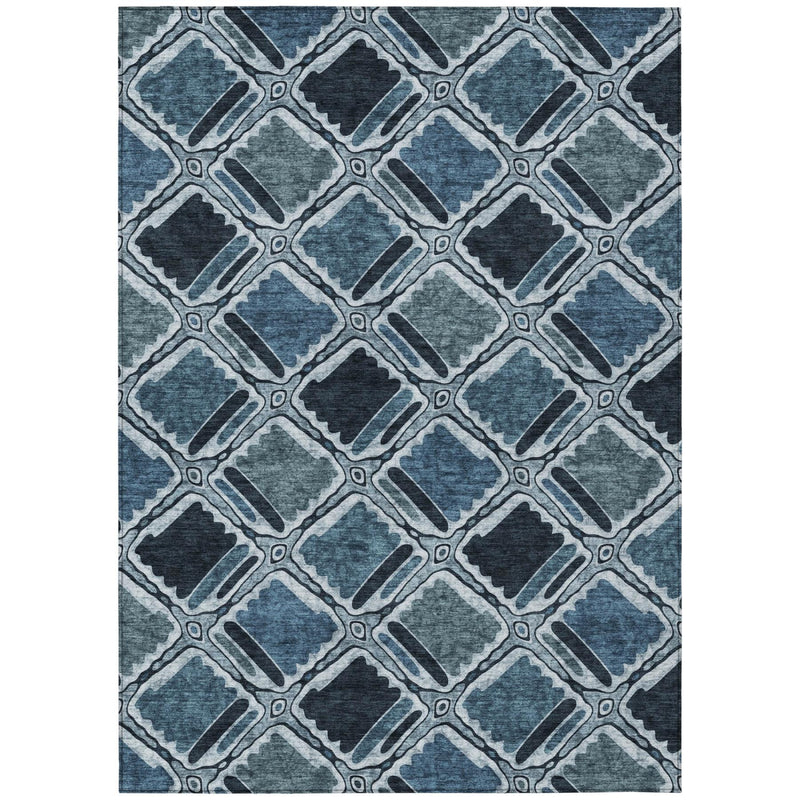 Geometric area rug in blue and graphite with interlocking diamond pattern