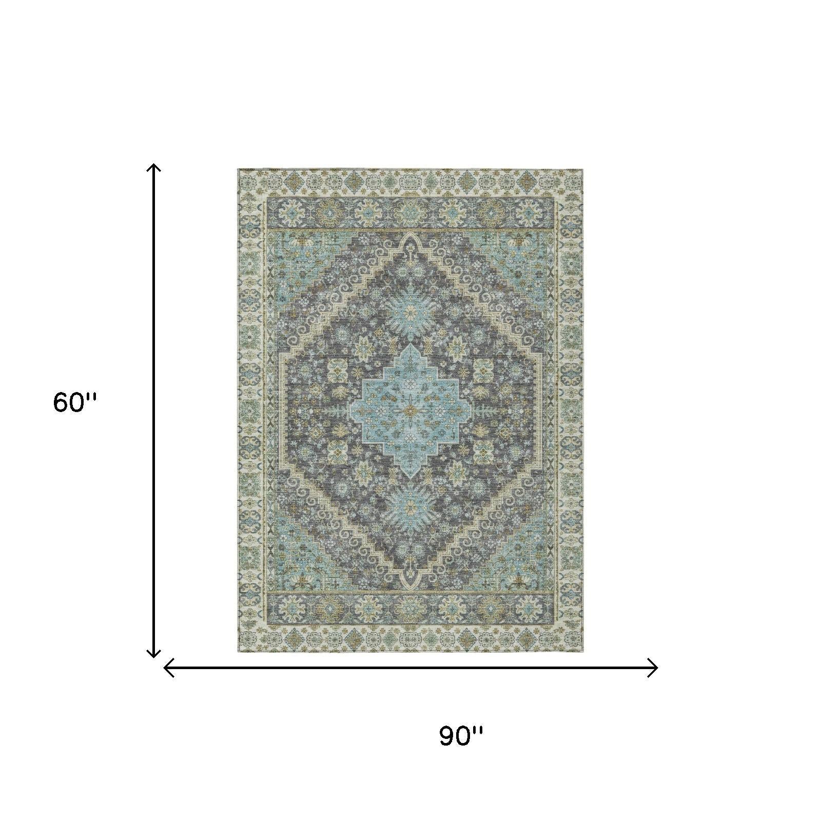 5' X 8' Gray And Graphite Oriental Washable Indoor Outdoor Area Rug - Sports & Outdoor