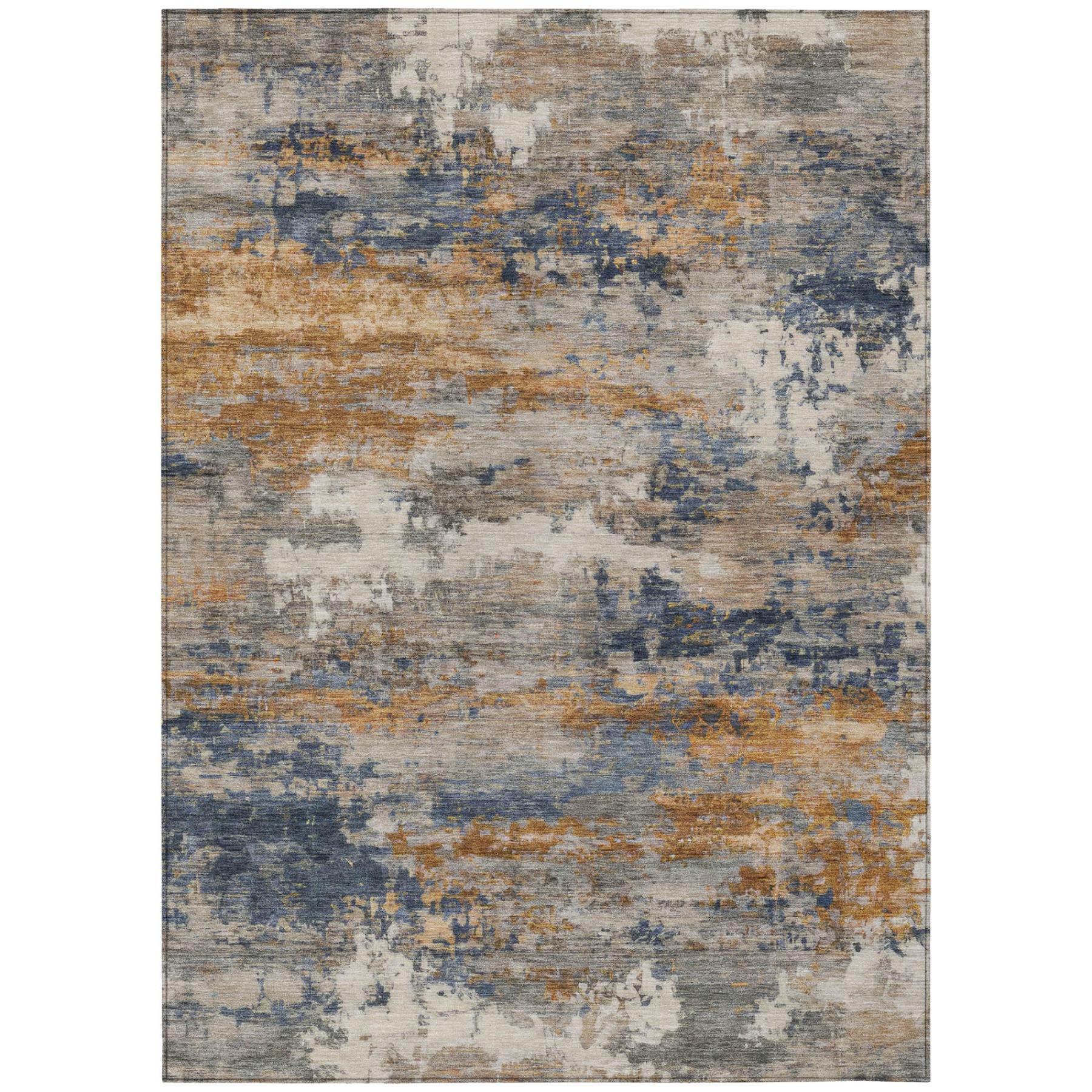 Abstract area rug in gray, blue, and orange tones, made of soft polyester, perfect for modern decor.