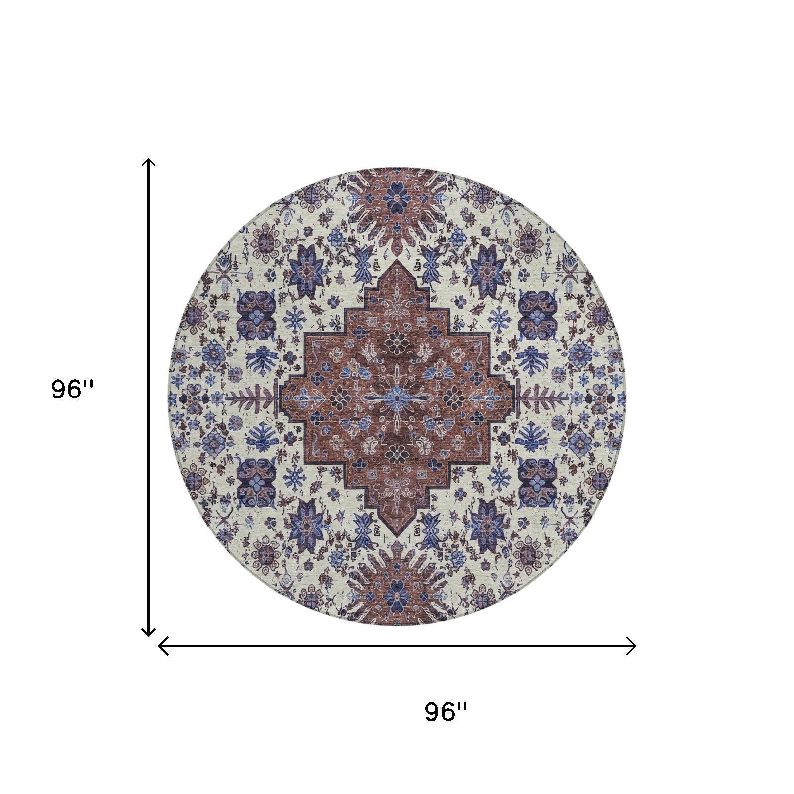 8' Linen And Ivory Round Oriental Washable Indoor Outdoor Area Rug - Sports & Outdoor