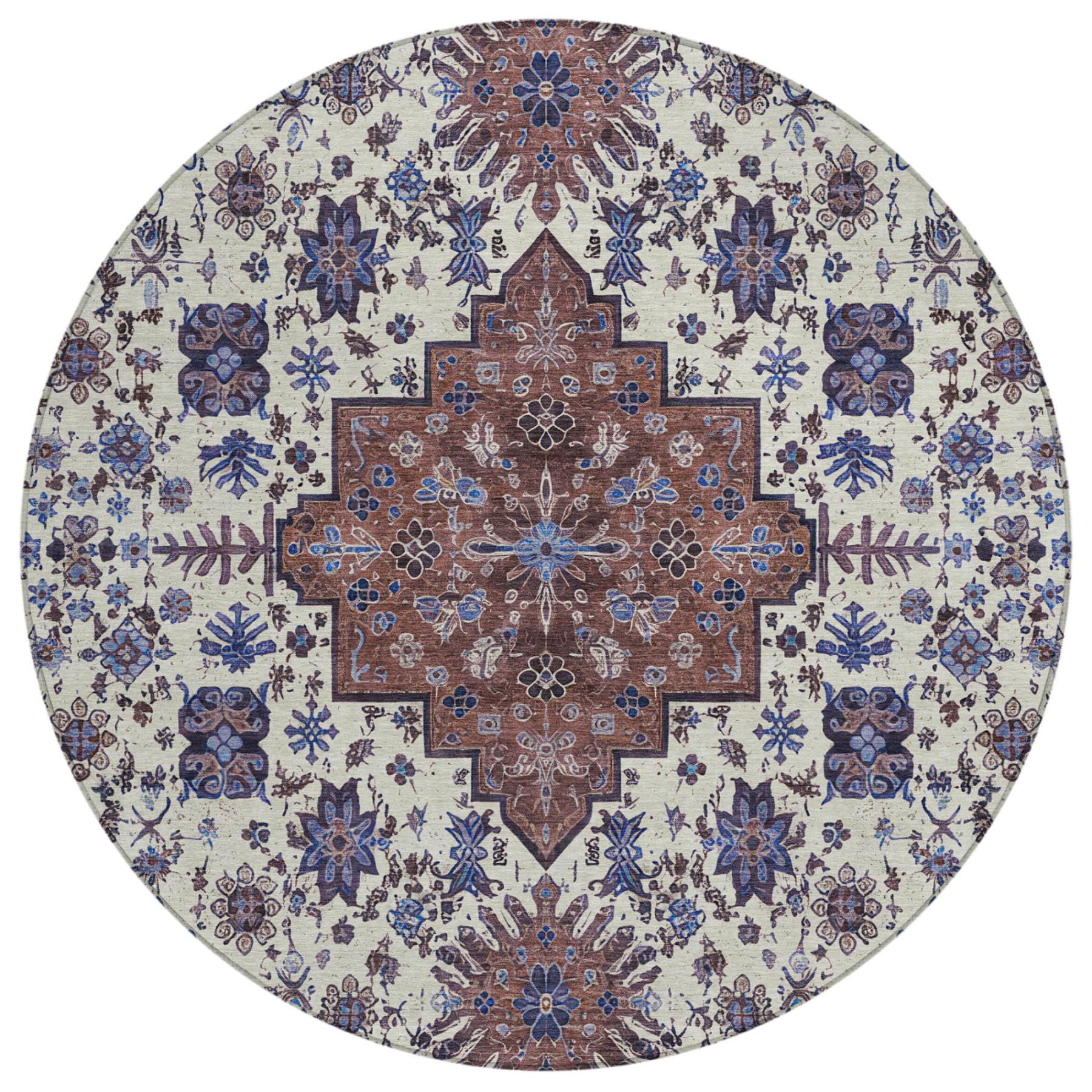 8' Linen And Ivory Round Oriental Washable Indoor Outdoor Area Rug - Sports & Outdoor