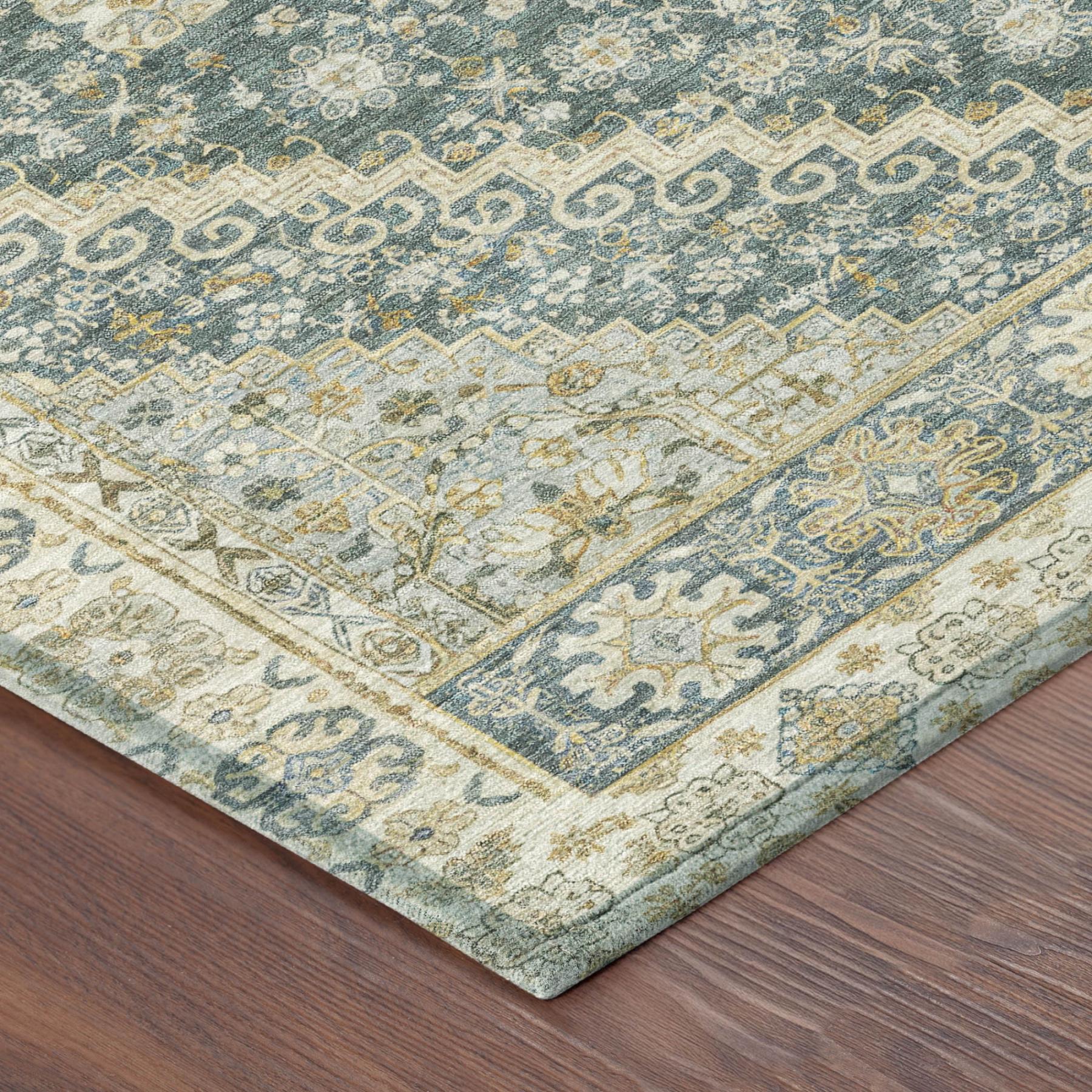 9' X 12' Fern Green And Green Oriental Washable Indoor Outdoor Area Rug - Outdoor