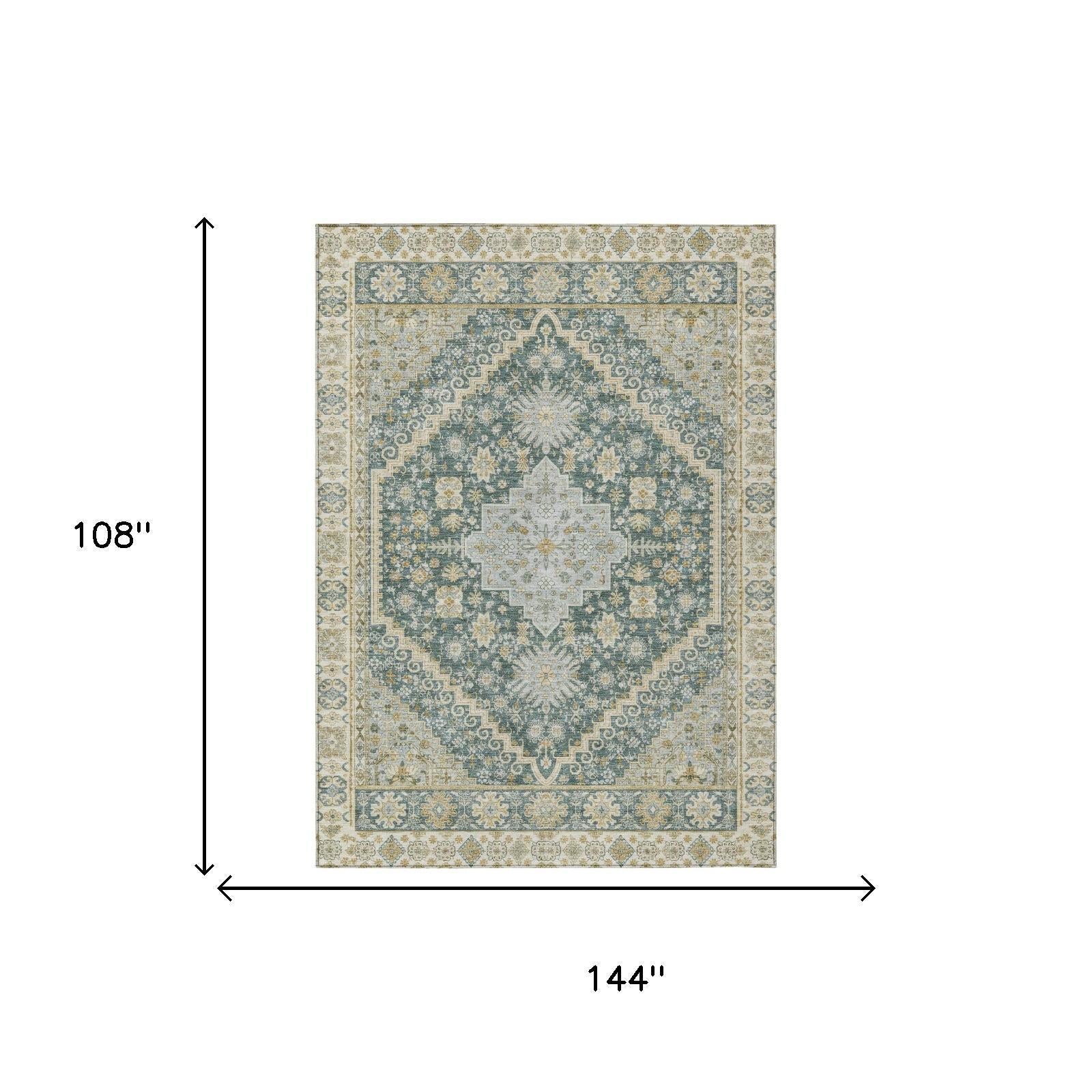 9' X 12' Fern Green And Green Oriental Washable Indoor Outdoor Area Rug - Outdoor