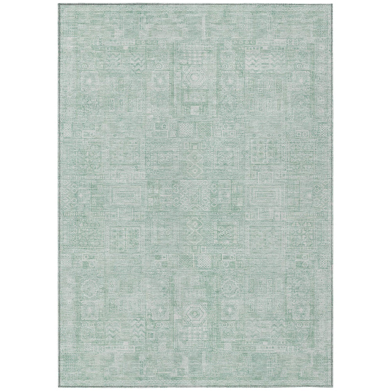 Rectangular aqua area rug featuring an allover oriental motif in a low pile.