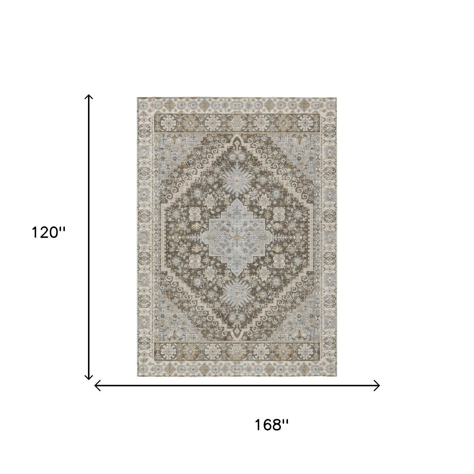 10' X 14' Brown And Silver Oriental Washable Indoor Outdoor Area Rug - Sports & Outdoor