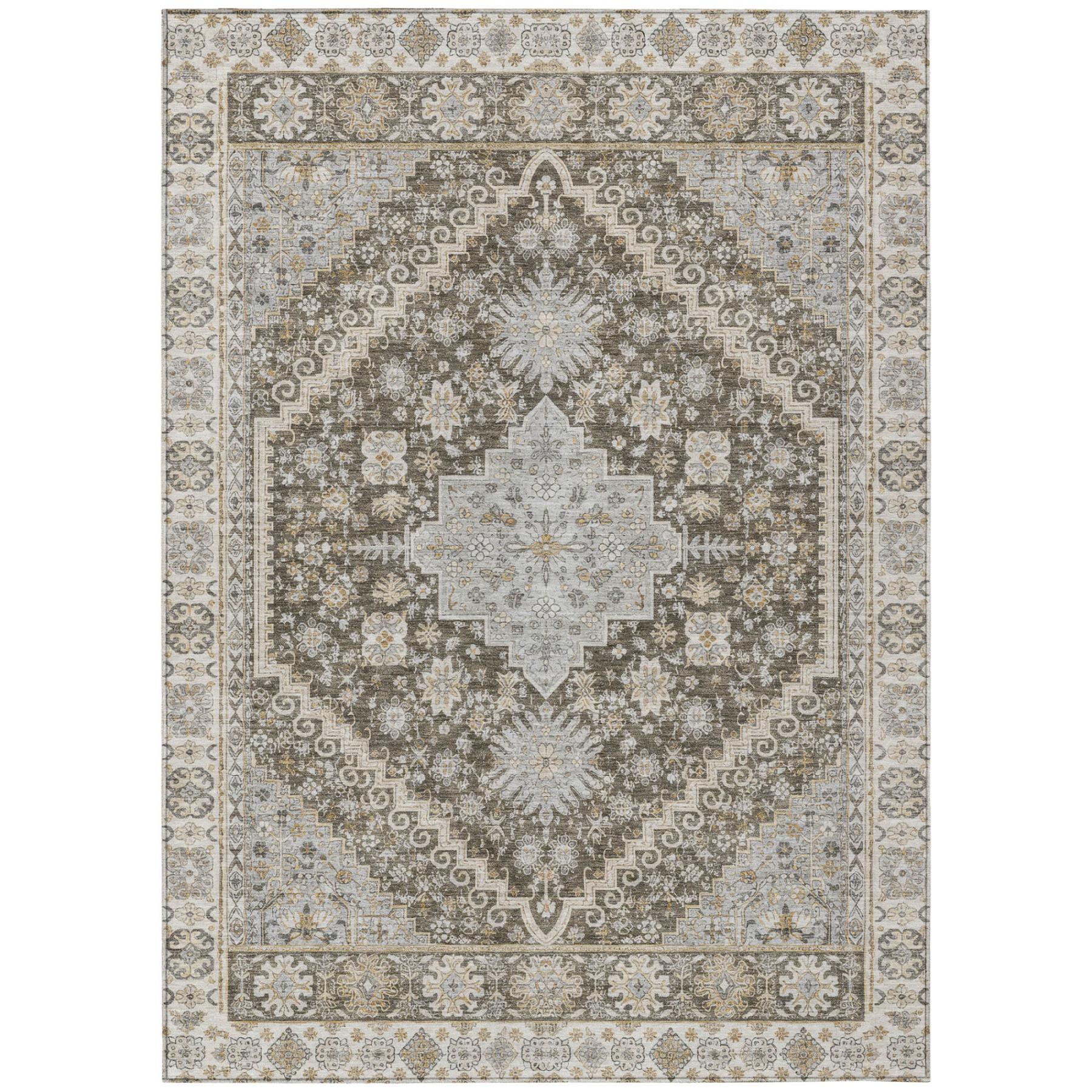 10' X 14' Brown And Silver Oriental Washable Indoor Outdoor Area Rug - Sports & Outdoor